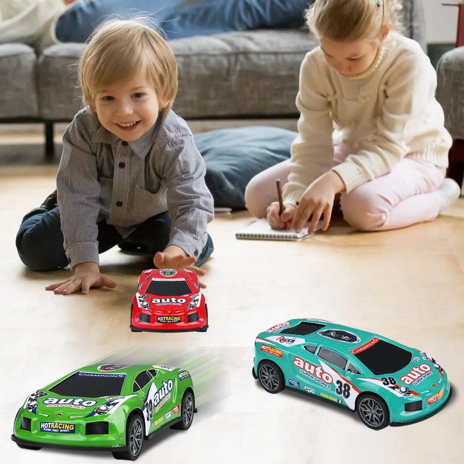 7 inch Friction Power Car Toys Set, Push and Go Pull Back Trucks Wind up Race…