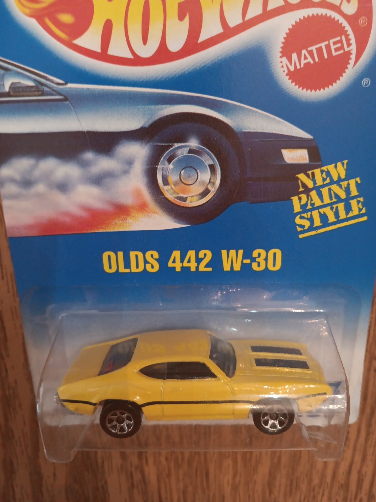 1991 Hot Wheels #267 OLDS 442 W-30 (Blue & White Card Chrome Base 7 Spoke Rims)