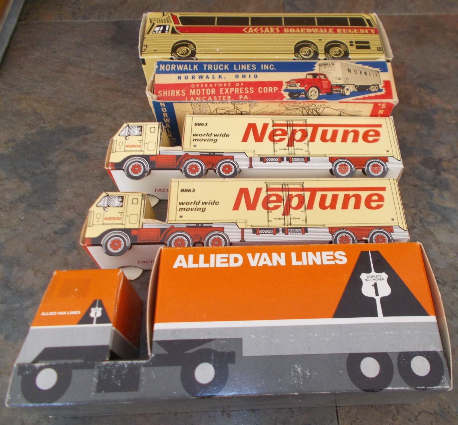 Neptune, Allied, Norwalk -Shirks T Lines, Caesars Boardwalk Carboard Trucks