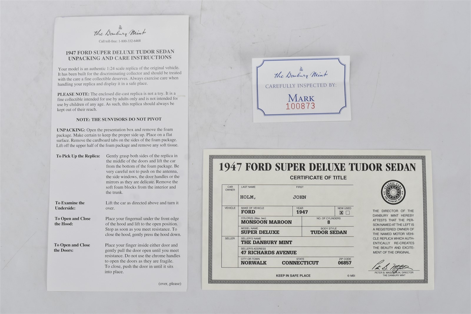 DANBURY MINT 1947 FORD SUPER DELUXE TUDOR SEDAN COT PAPERS ORIGINAL BOX #08502