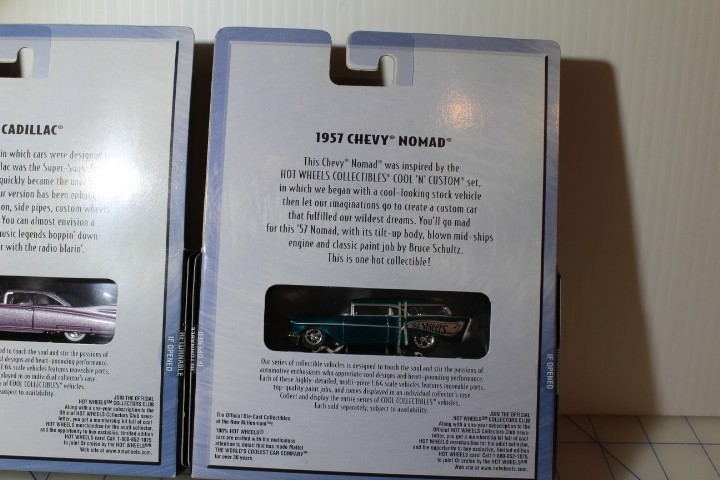 100% Hot Wheels 59 Cadillac, Invader, 1970 Ford Mustang, 1957 Chev. Nomad