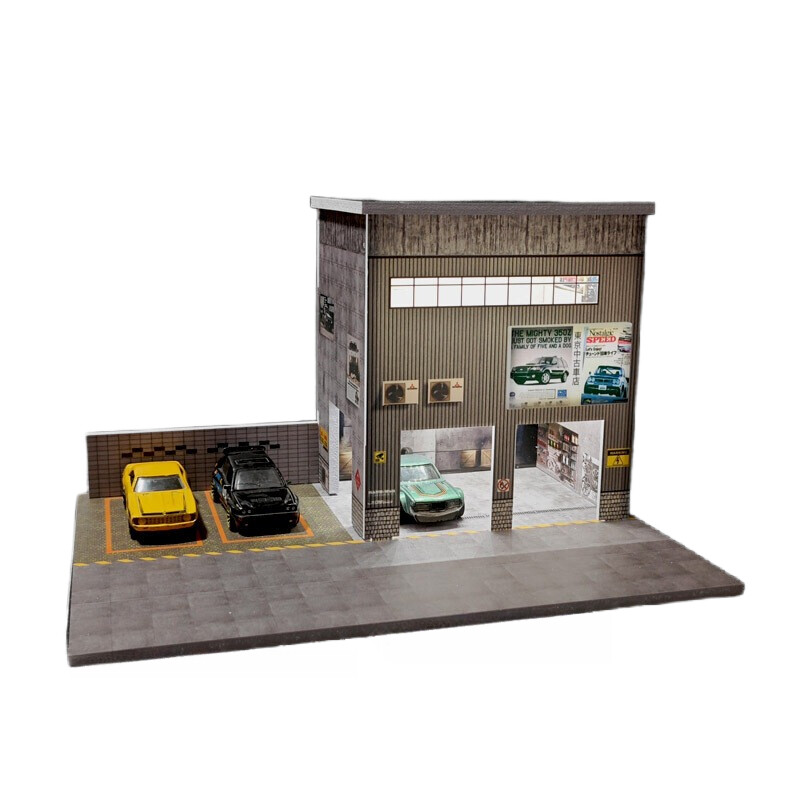 Diorama 1/64 Car Garage Model LED City Street Repair Building Display Model Gift