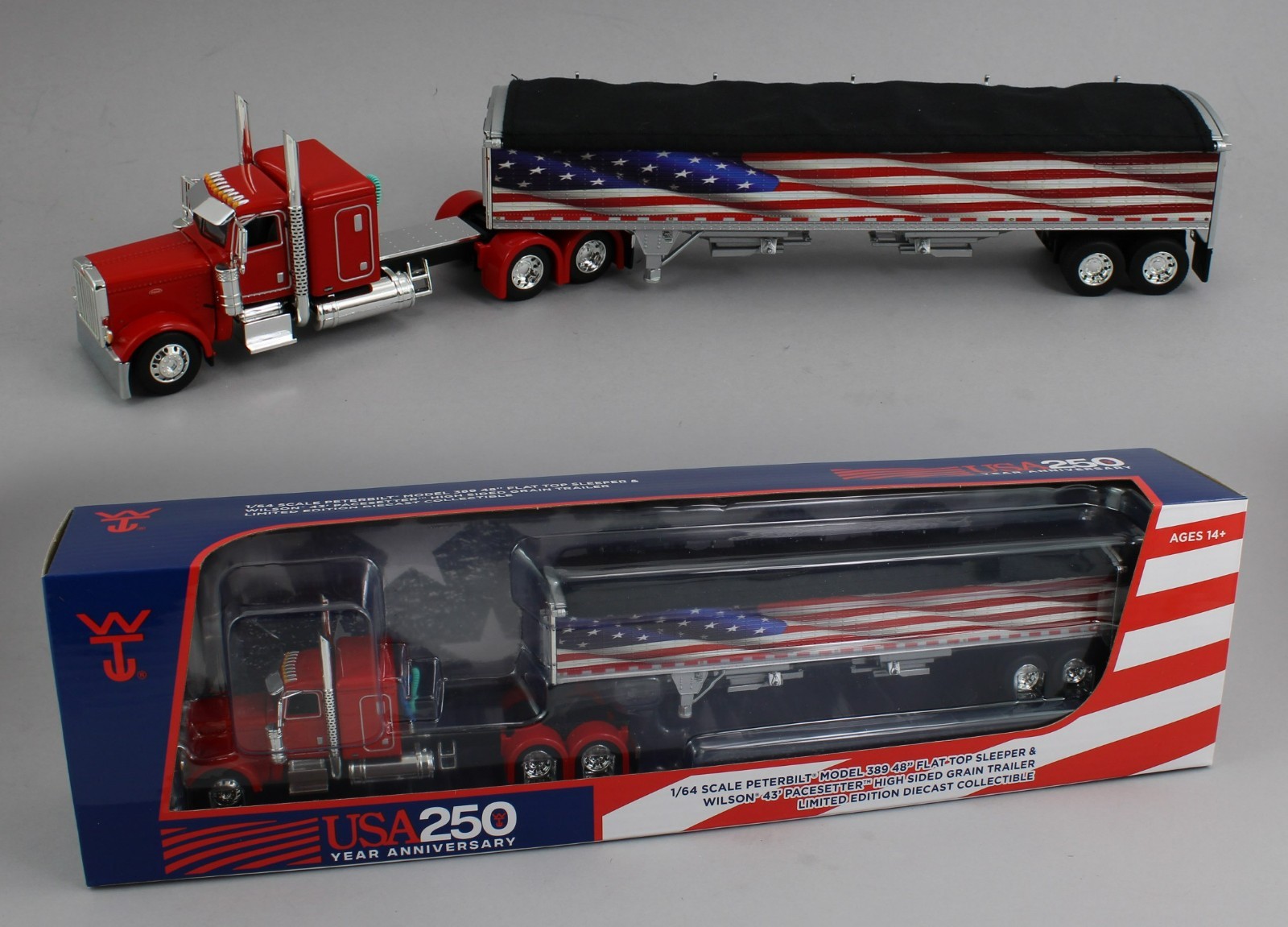 DCP 1:64 *RED AMERICA 250* Peterbilt 389 48″ Flattop w/Wilson Grain Trailer NIB