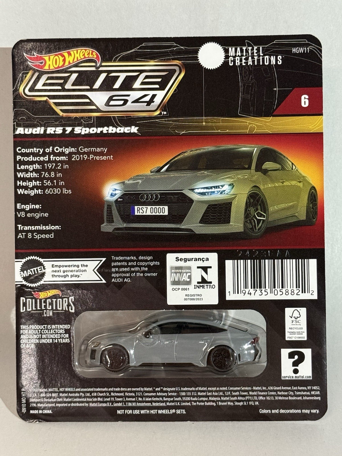 Hot Wheels Elite 64 ’21 AUDI RS 7 Sportback Gray 1:64 Diecast Real Rider HGW11