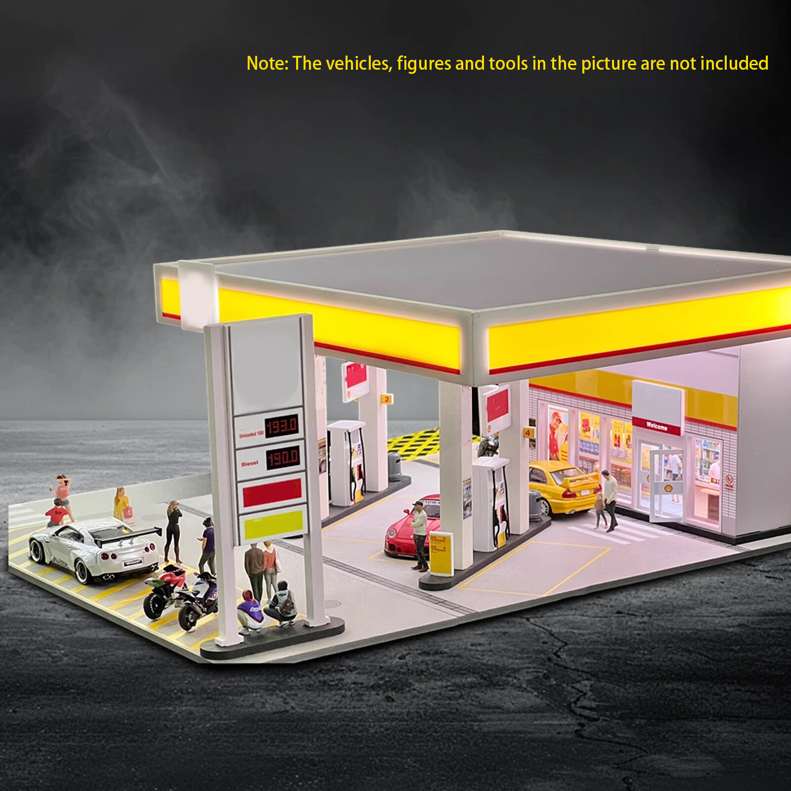 Diorama 1/64 Car Garage Model LED Lighting Gas Stations Parking Lot Scene Model