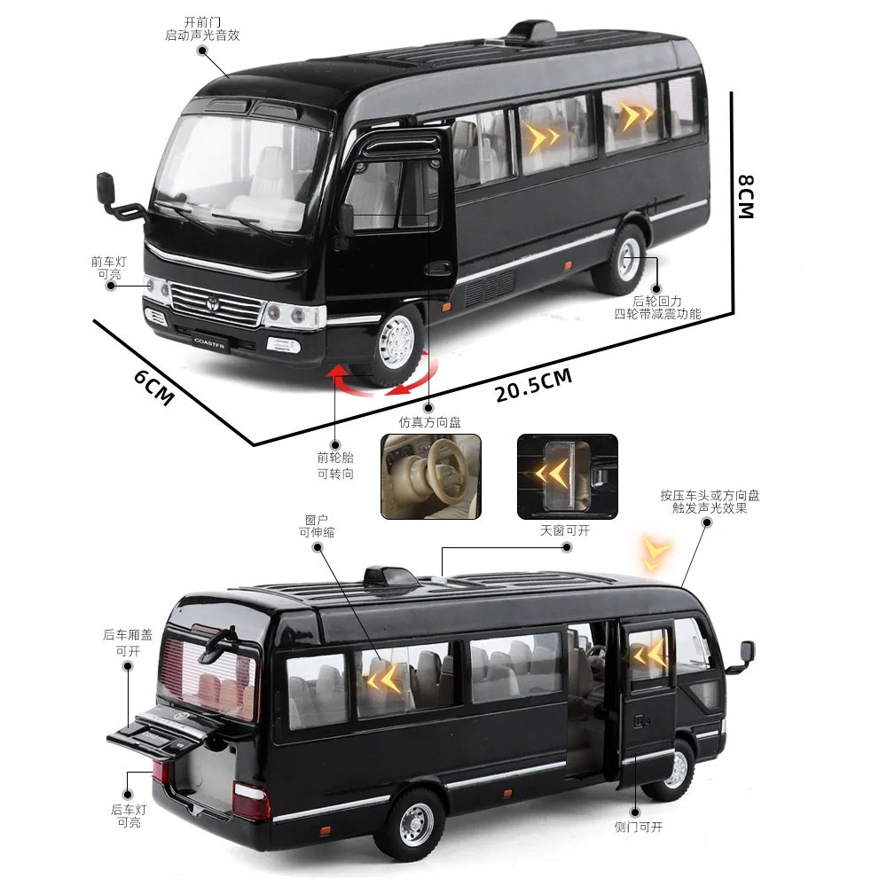 1:24 Toyota Coaster BUS Alloy Diecast Car Model Sound Light Kid’s Toy Birthday