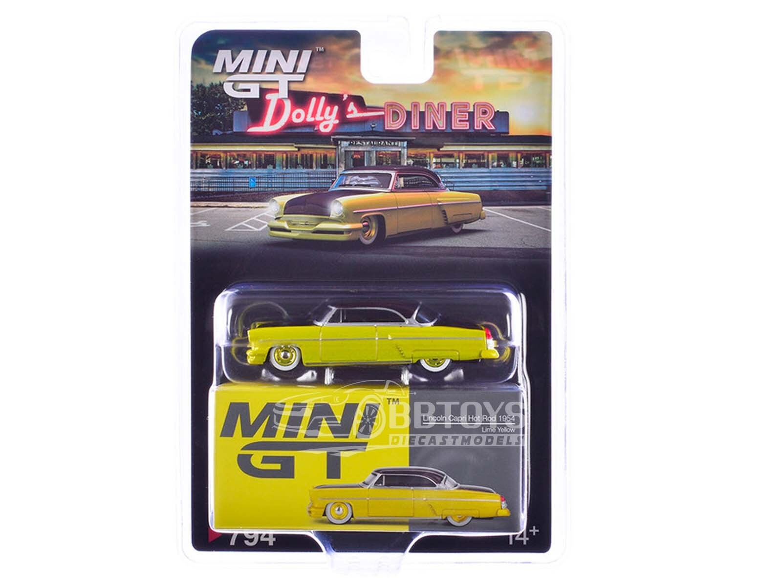 1954 LINCOLN CAPRI HOT ROD LIME YELLOW 1/64 DIECAST MODEL BY MINI GT MGT00794