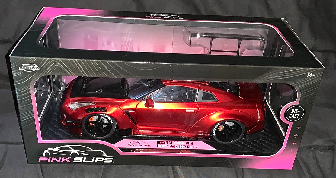 JADA 2025 1/18 DIECAST PINK SLIPS RED NISSAN GT-R (R35) W/LIBERTY WALK BODY KIT