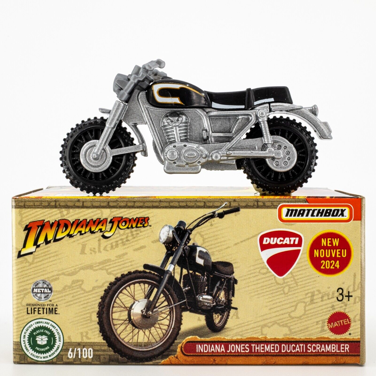 2024 Matchbox Power Grabs #6 Indiana Jones Themed Ducati Scrambler SILVER | FSB