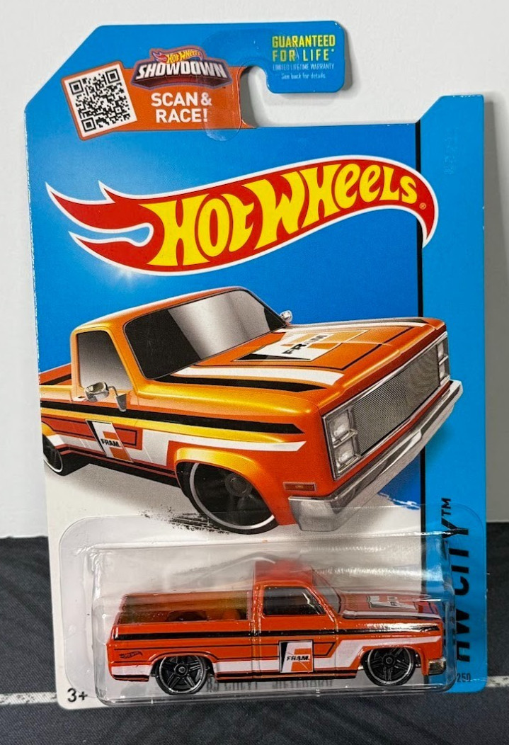 2015 Hot Wheels 1983 83 Chevrolet Silverado HW City Orange Fram Scan & Race Prot