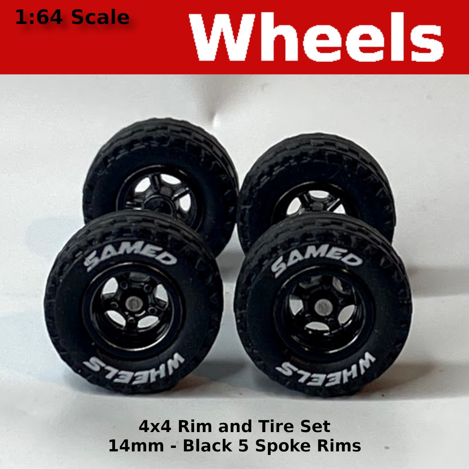 14mm 4×4 Truck Tire Sets – Black 5 spoke for Hot Wheels