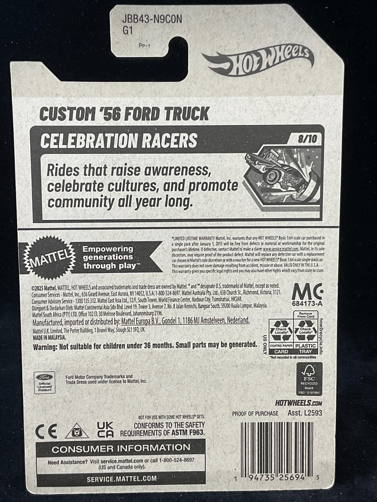 Hot Wheels CUSTOM ’56 FORD TRUCK Black, DIA DE LOS MUERTOS, Day of the Dead #233