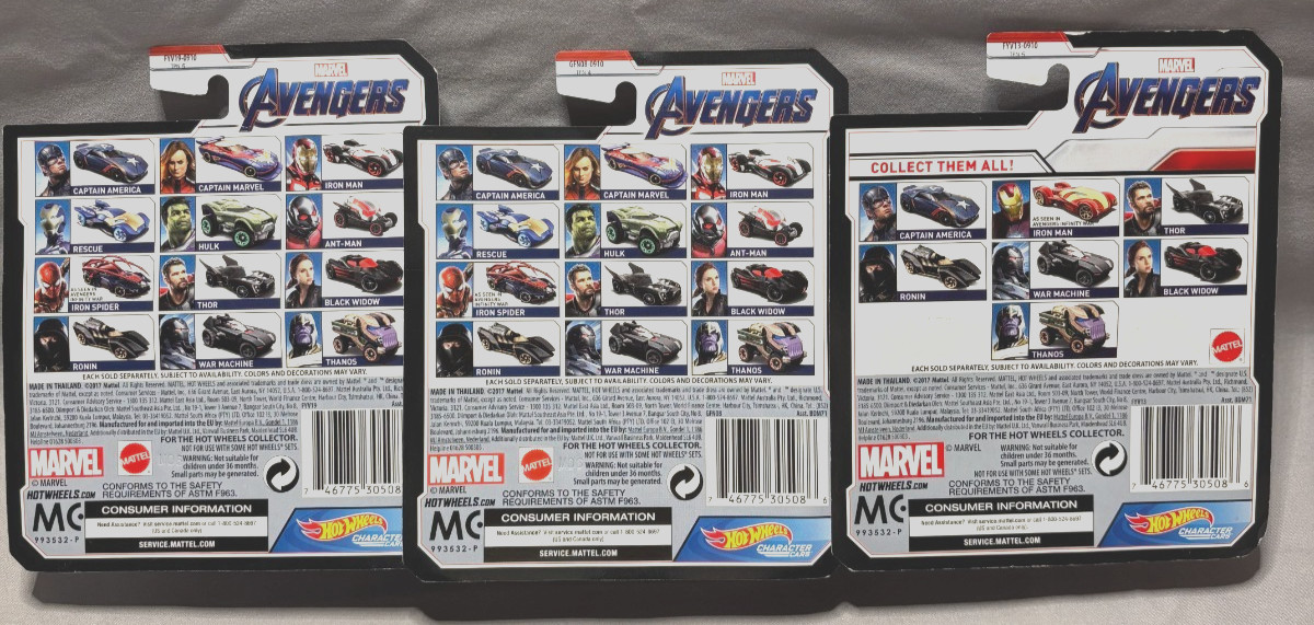 Lot of 3 Hot Wheels Marvel Character Cars Avengers NIB
