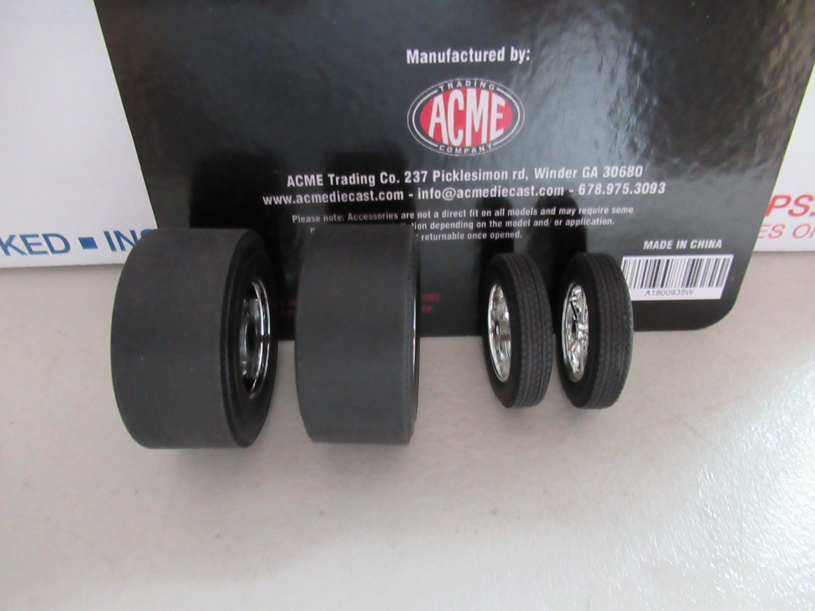 DRAG RACING 1:18 CHROME WHEEL AND TIRE SLICKS SET ACME A1800935W VINTAGE RACE