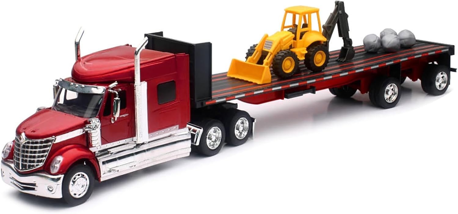International Lonestar Red Metallic Truck w/Flatbed Trailer, Front Loader, 1/32
