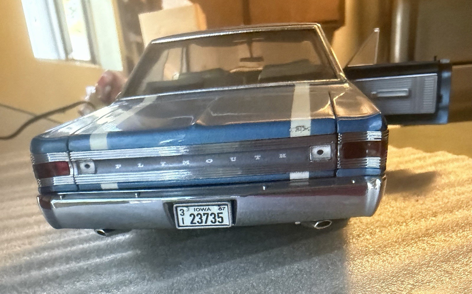 Plymouth Diecast Model Car Blue w/ White Stripes Opening Doors License Plate