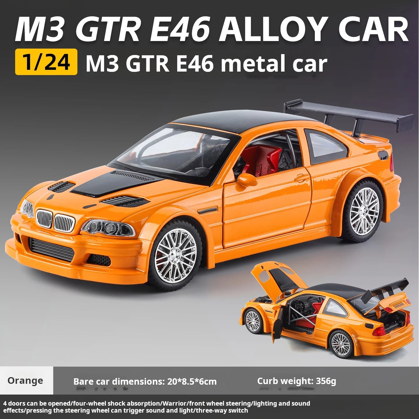 1:24 BMW M3 GTR E46 Alloy Muscle Diecast Car Model Sound Light Birthday Gift Toy