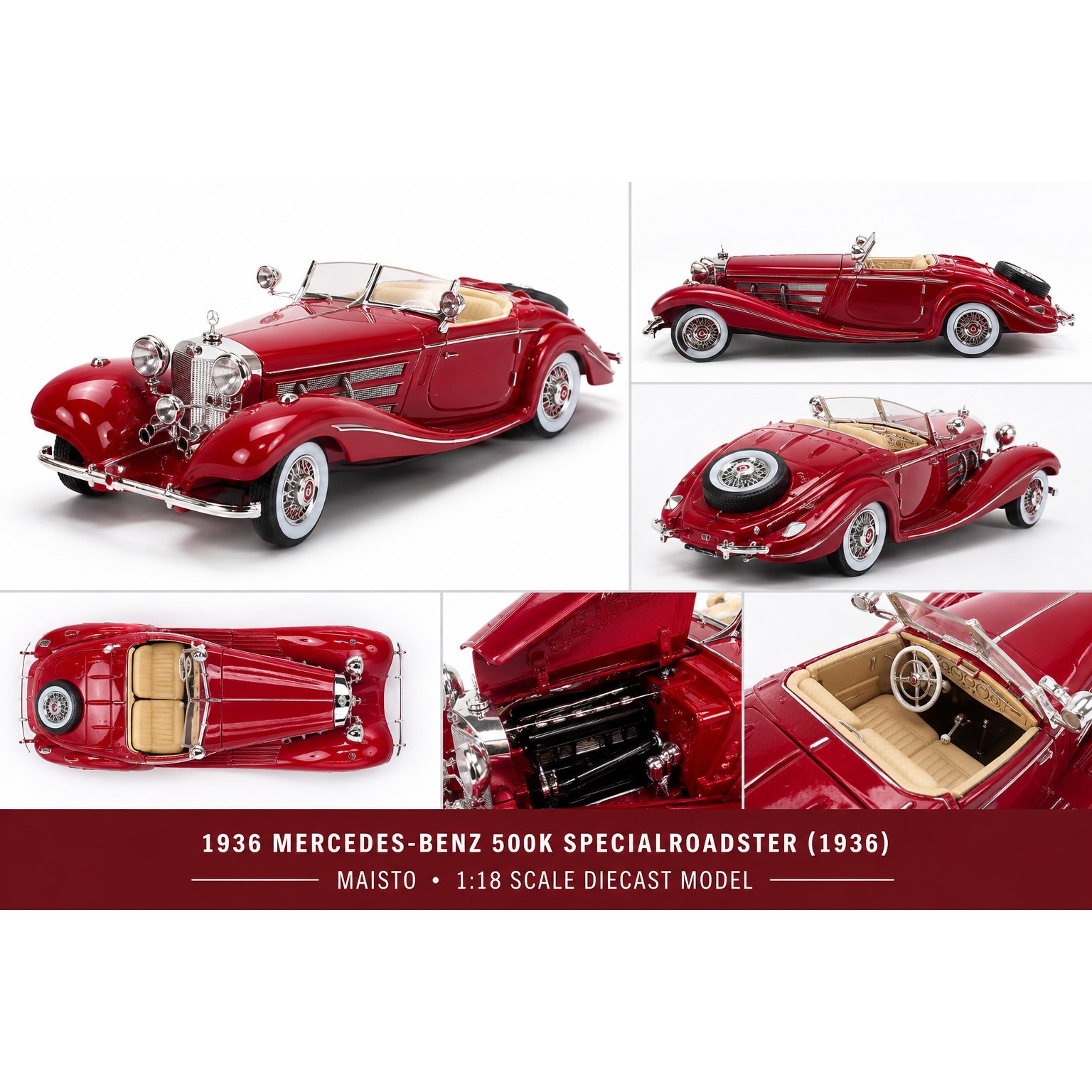 Maisto Mercedes-Benz 500K Specialroadster 1936 1:18 Diecast Red Convertible