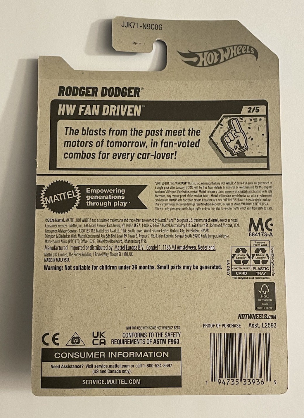 2026 HOT WHEELS RODGER DODGER HW FAN DRIVEN 2/5 G-CASE SUPER RARE ERROR