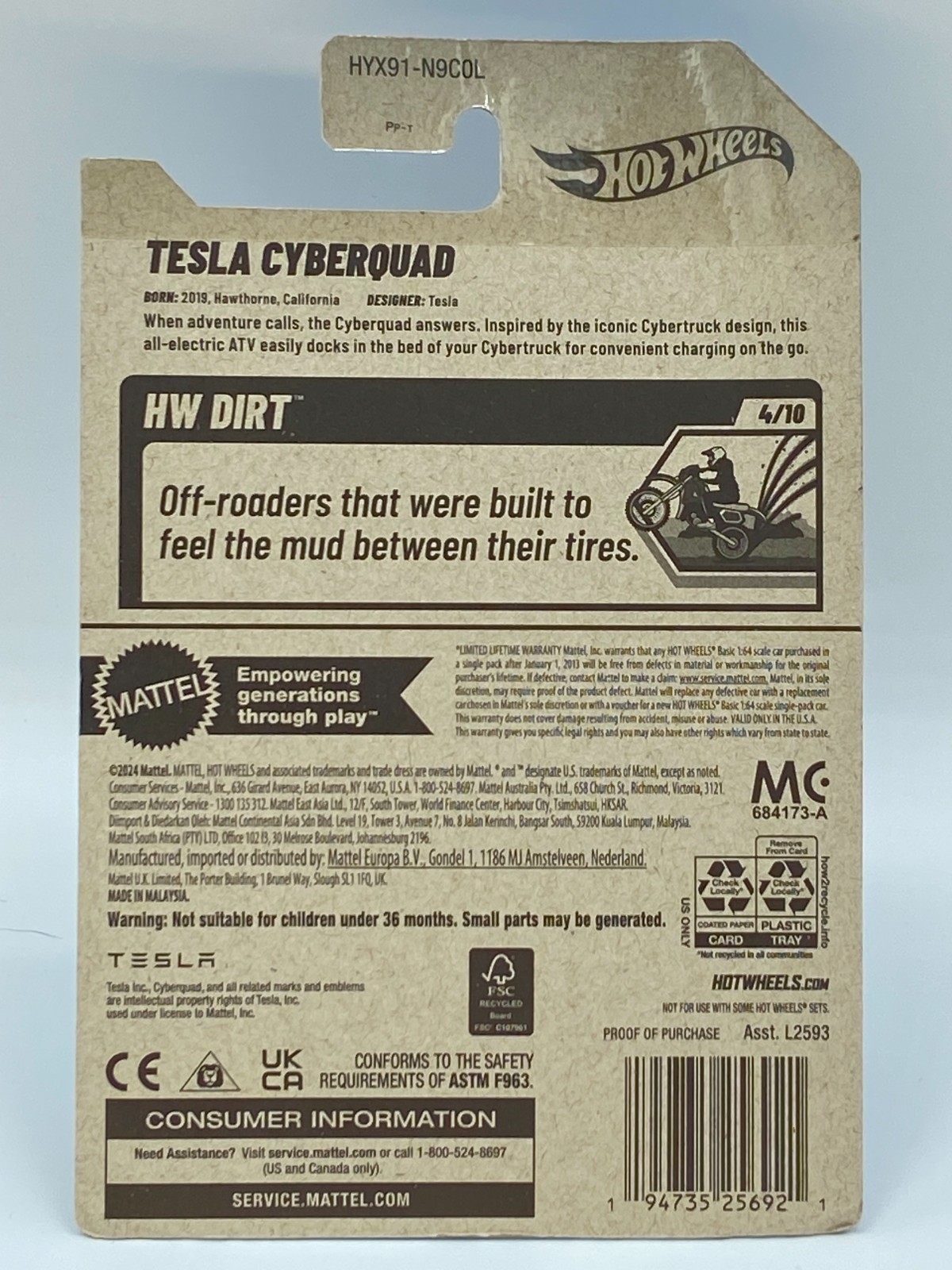 Hot Wheels 2025 TESLA CYBERQUAD HW Dirt Series 4/10 Black /Bronze – Nice.