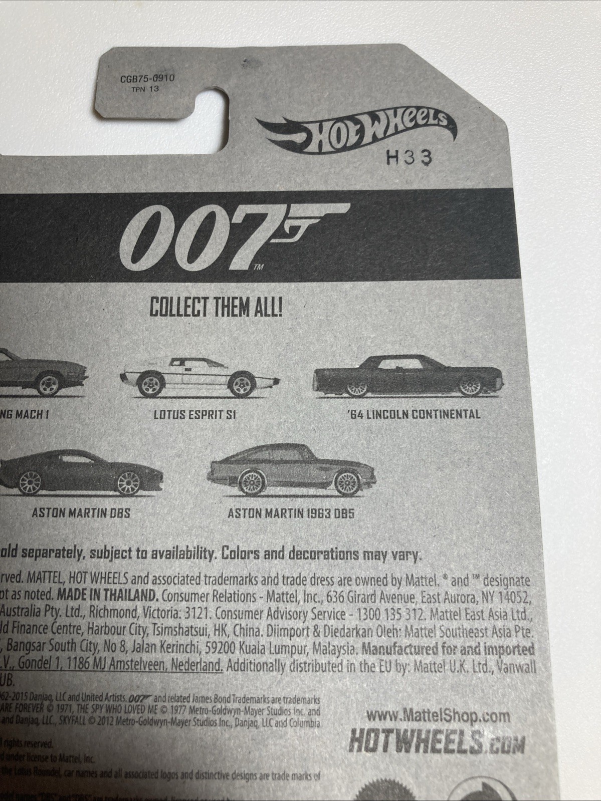 HOT WHEELS 2015 JAMES BOND 007 SERIES ’64 LINCOLN CONTINENTAL GOLDFINGER MOVIE