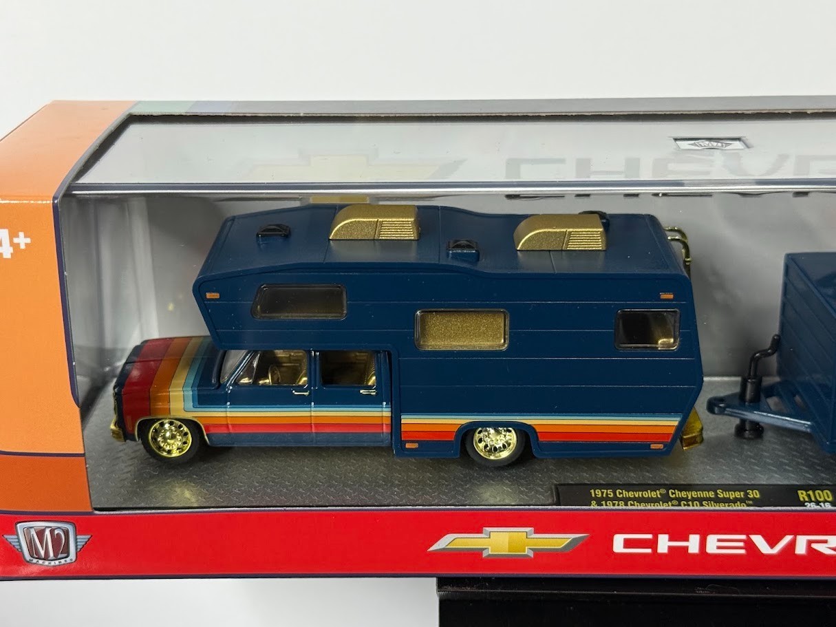 Chase M2 Machines 1975 Cheyenne Super 30 & 1978 C10 Silverado Blue Camper R100