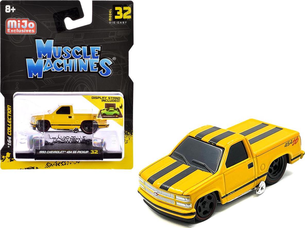 1993 Chevrolet 454 SS Pickup Truck Yellow with Black Stripes 1/64 Diecast Model