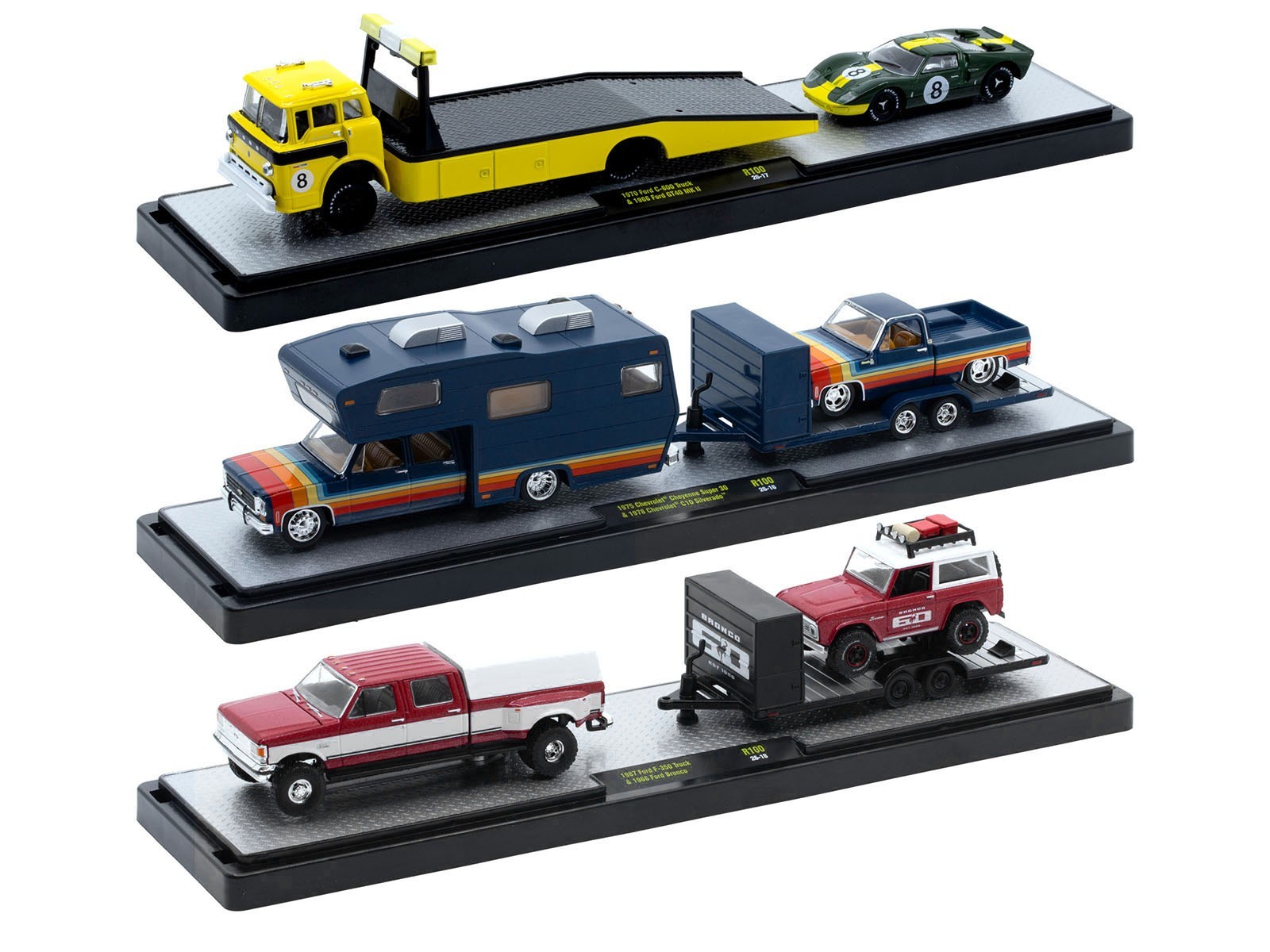 AUTO HAULERS RELEASE 100, 3 TRUCKS SET 1/64 DIECAST MODELS M2 MACHINES 36000-100