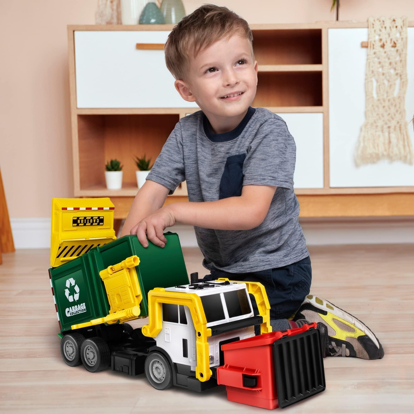 Large Friction Powered Garbage Truck Toy Set with Dumpster & Trash Bins – Kids G