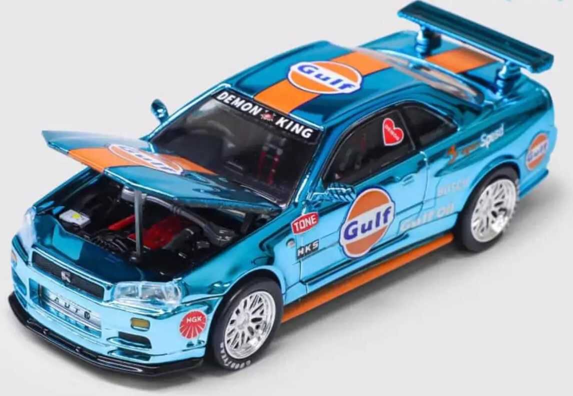 Demon King Auto Nissan GT-R R34 Gulf Chrome Blue 1/64 Diecast Model 2024 NIB