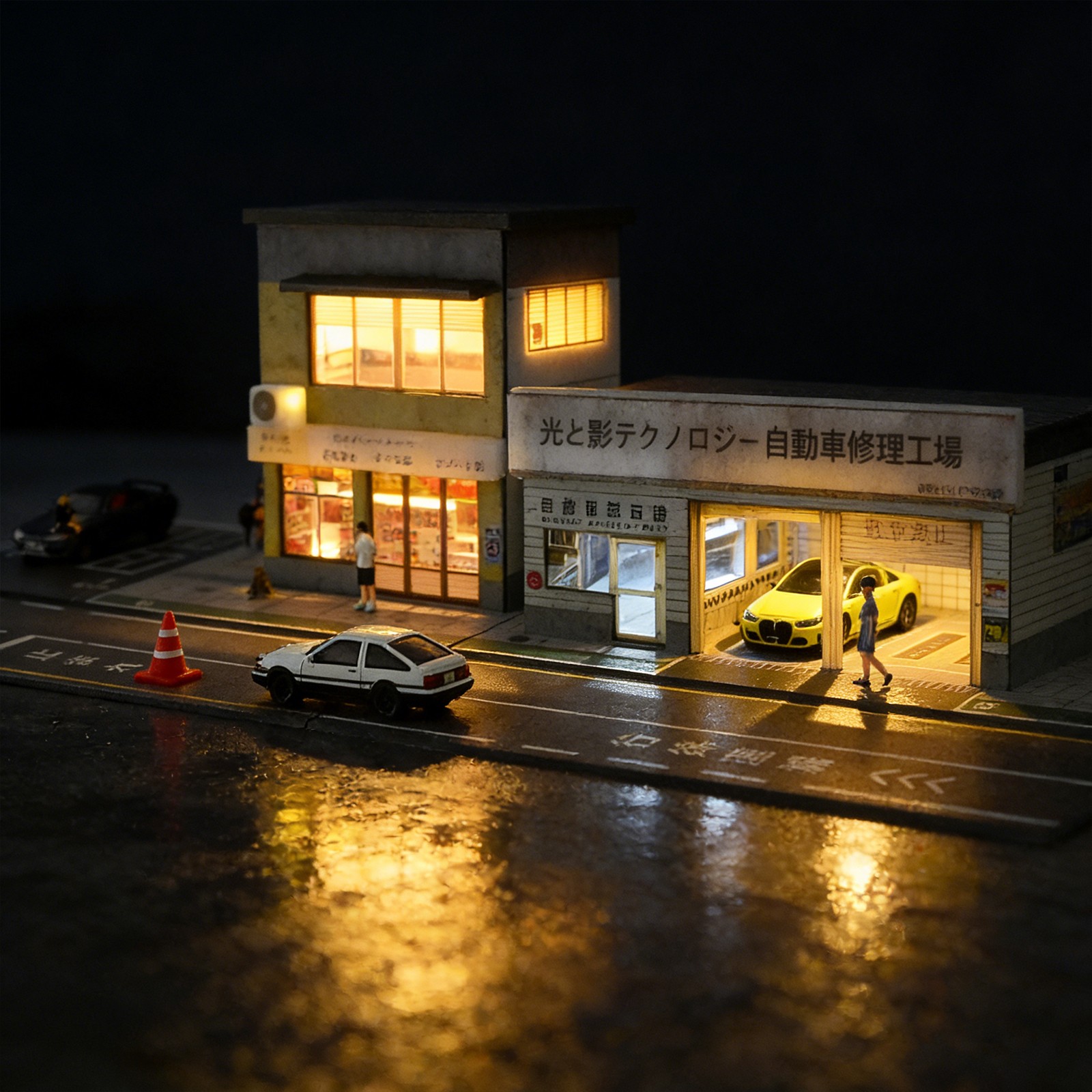 1:64 Diorama Parking Lot Scene Model LED Car Garage Shop Model Collection Toys