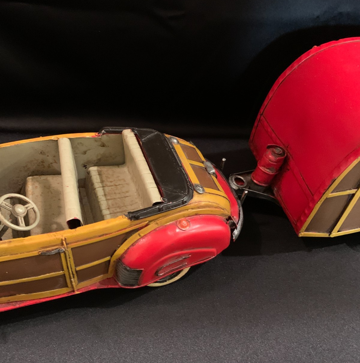 1940’s Woody Convertible w/Trailer Camper Display Tin Toy | Antiqued | New/Box