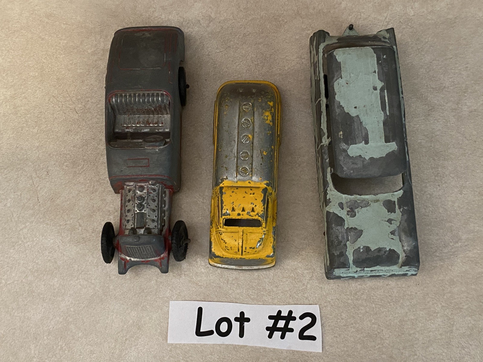 Vtg LOT of 3 -1950s TOOTSiE TOY Cars & Truck *Oil Tanker *Rat Rod *Ford Sedan #2