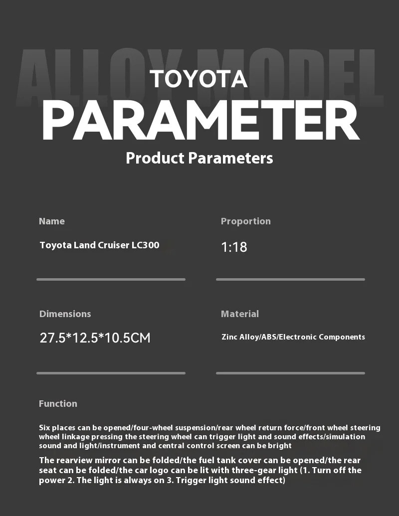TOYOTA LAND CRUISER LC300 Model car Black 1:18 SUV