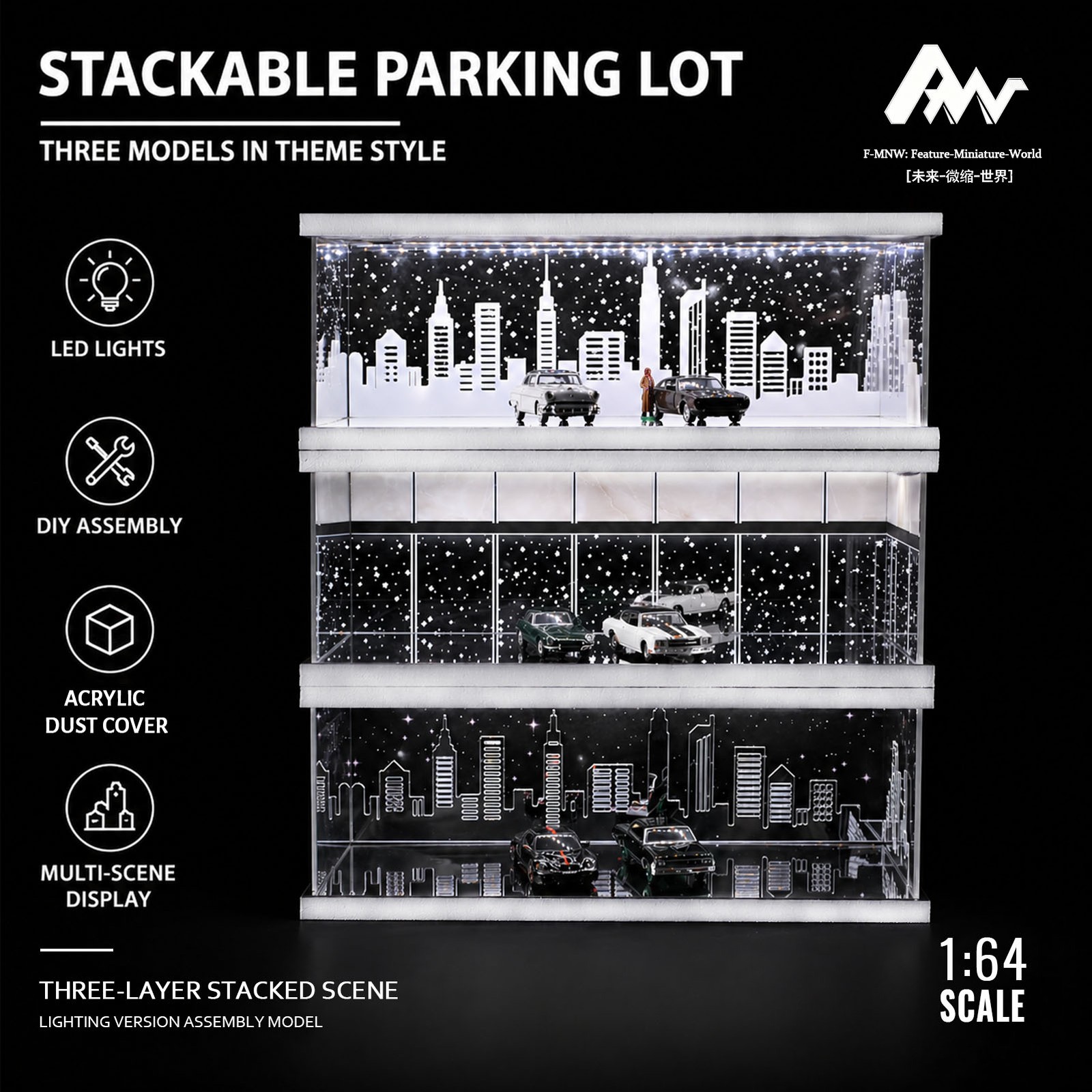 1/64Diorama Diecast Garage Model LED Parking Lot Scene Model Car Display Case US