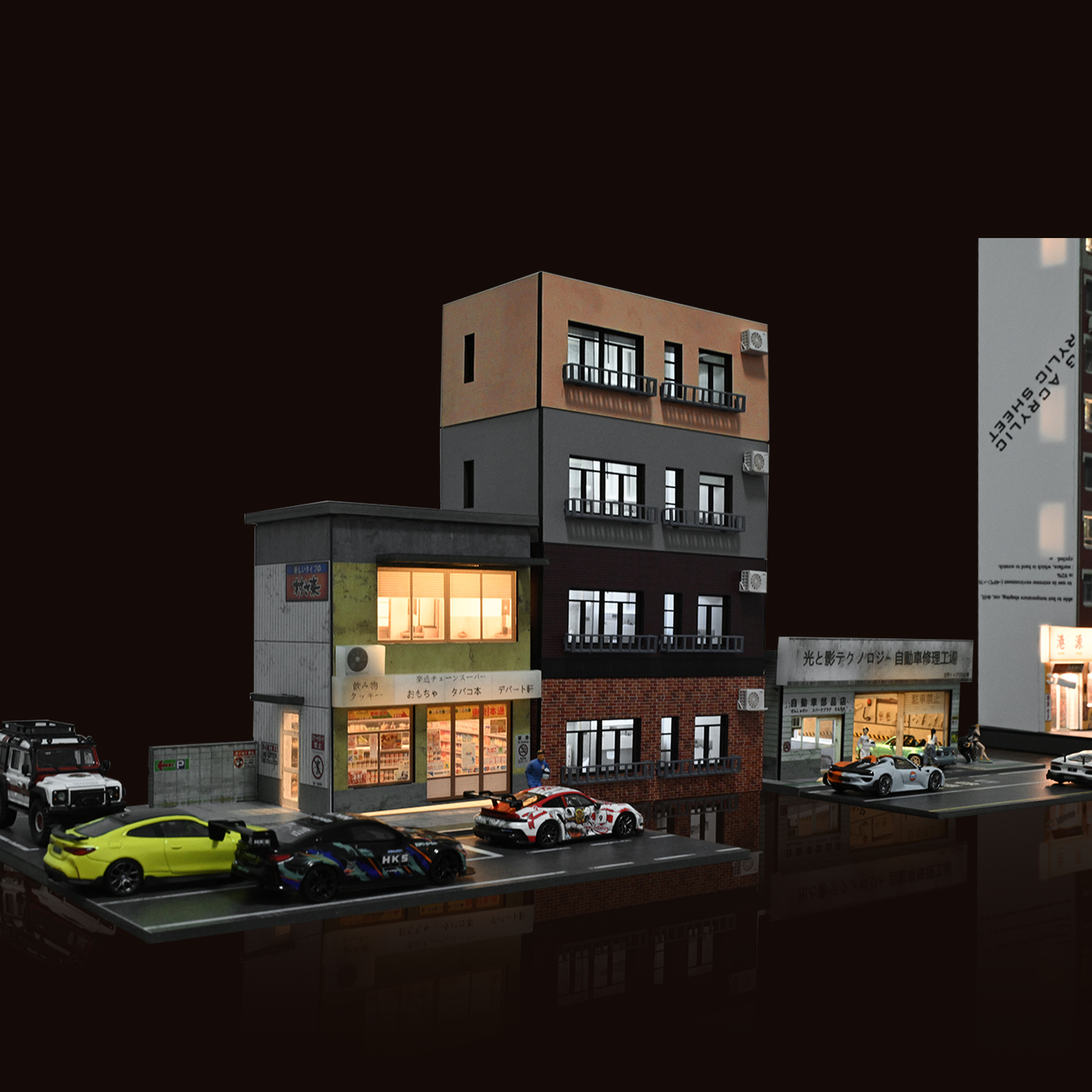 Diorama 1/64 Car Garage Model LED Street Parking Lots Building Display Model US