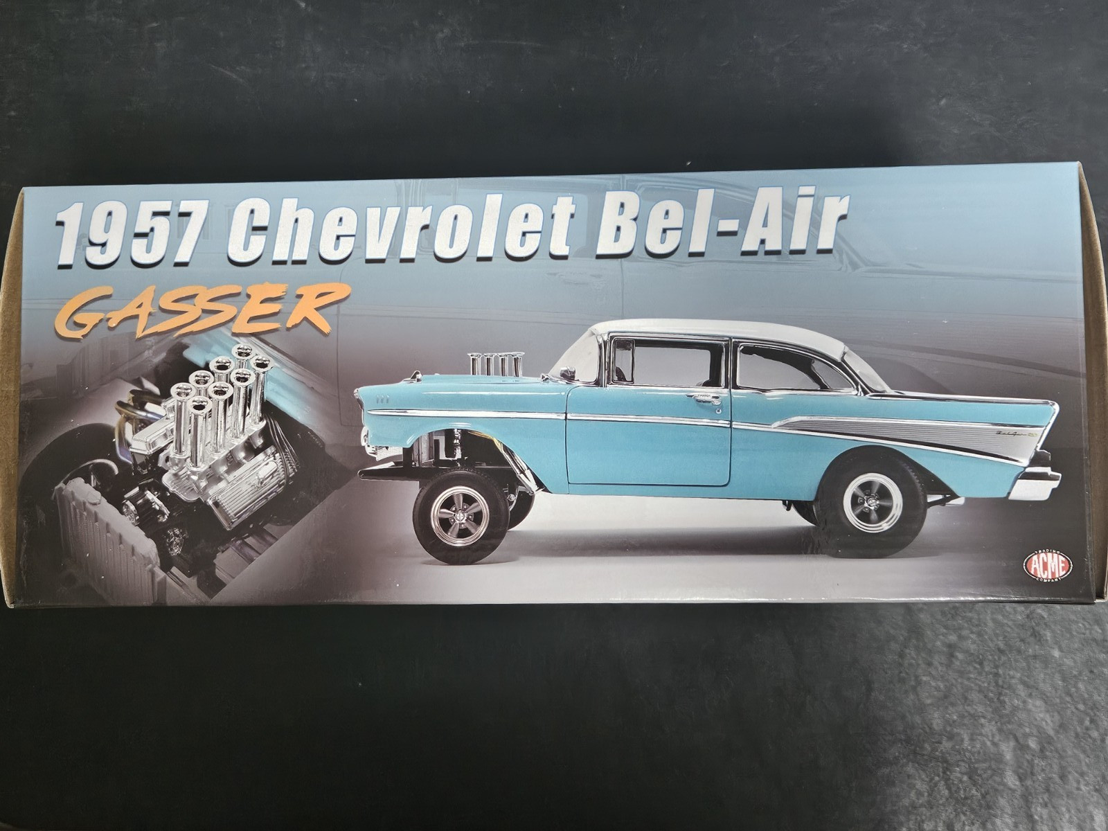 ACME 1:18 SCALE DIECAST 1957 CHEVROLET BEL-AIR GASSER IN LARKSPUR BLUE. NEW!!