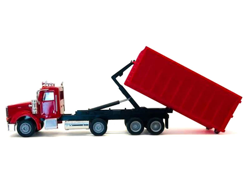 Peterbilt 367 Roll-Off Dump Truck Red with Red Box 1/87 (HO) Plastic Model Car b