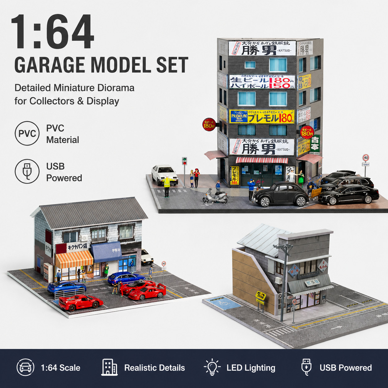 Diorama 1/64 Diecast Garage Model LED Lighting Parking Lot Display Case Scene US