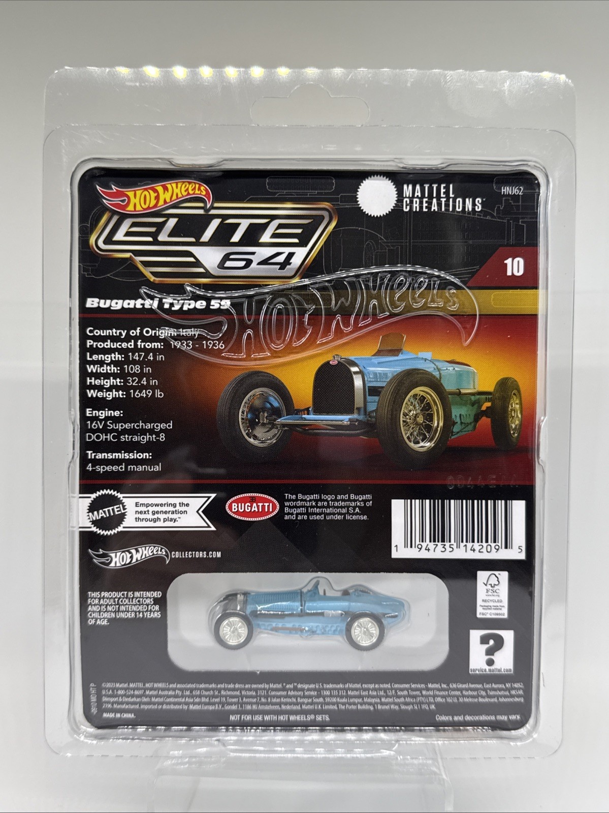 Hot Wheels Elite 64 #10 Bugatti Type 59 Blue 1:64 Diecast Real Riders HNJ62