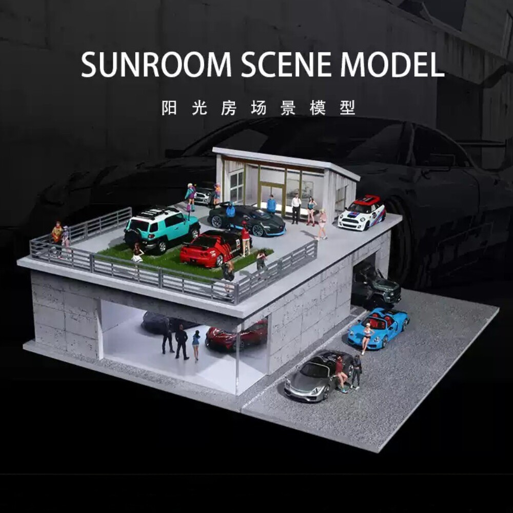 1/64 Diorama Diecast Garage Model LED Lights Display Parking Lot Building Scene