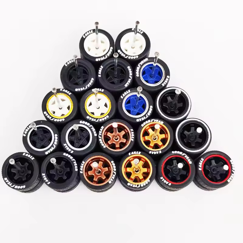 10 Sets Star/TE37 Rim Mix & 11mm Goodyear/White Wall Rubber Tires For Hot Wheels