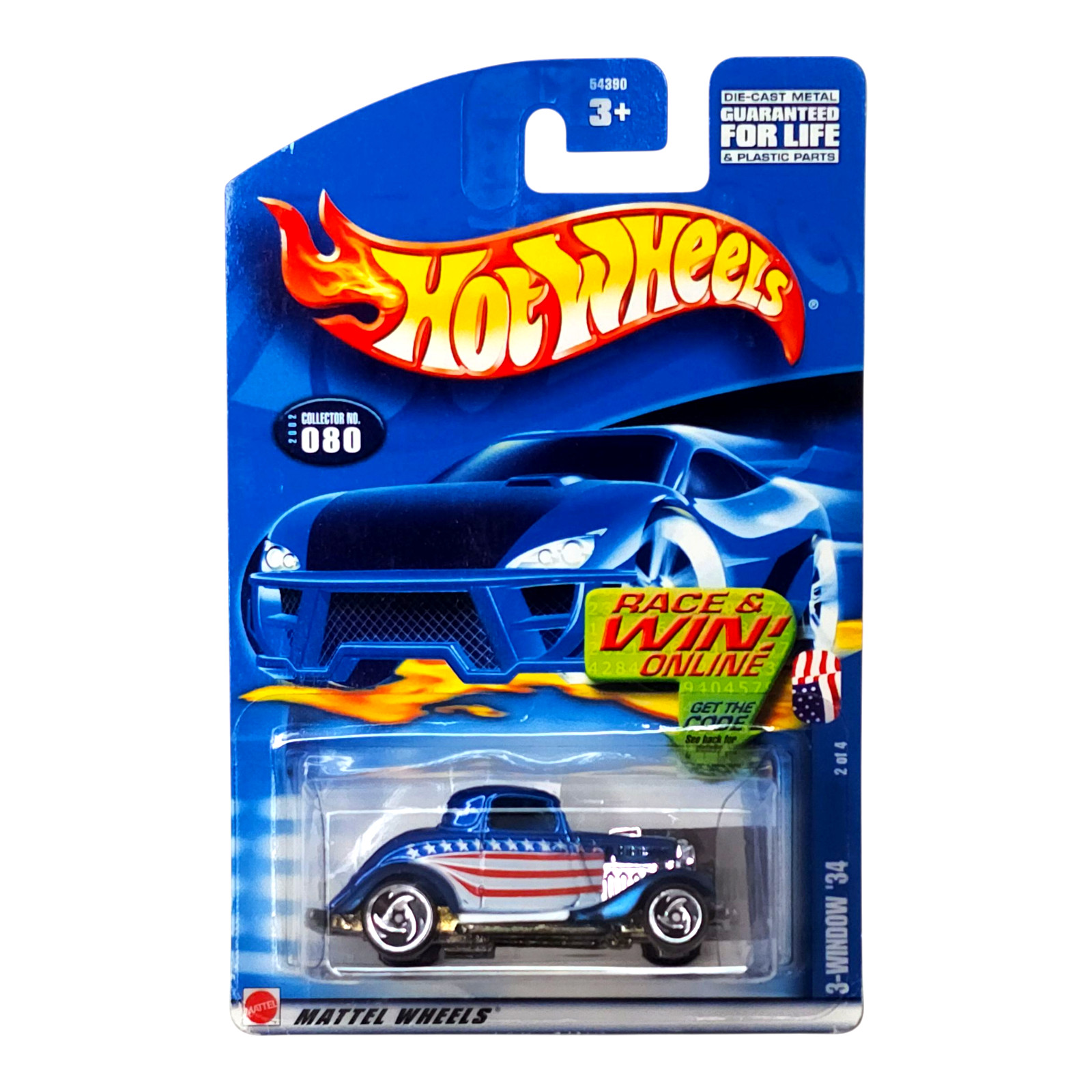 HOT WHEELS 3-Window ’34 Ford Blue Hot Rod Star Spangled Mainline 1:64 54390 2002