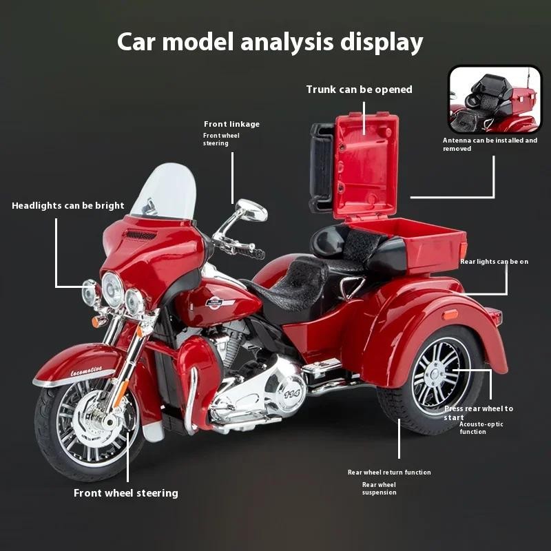 1:9 Alloy Trike Motorcycle Model Sound Light Diecast Collectible Gift Box