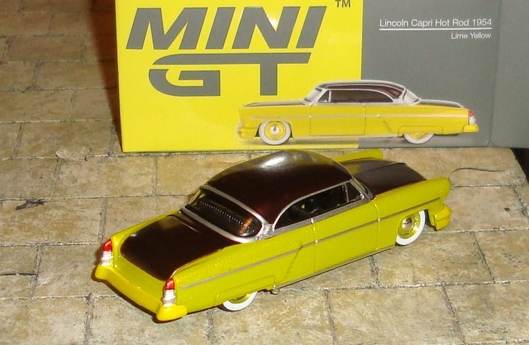 1954 LINCOLN CAPRI HOT ROD CAR – LIME YELLOW – 1:64 SCALE – MINI GT