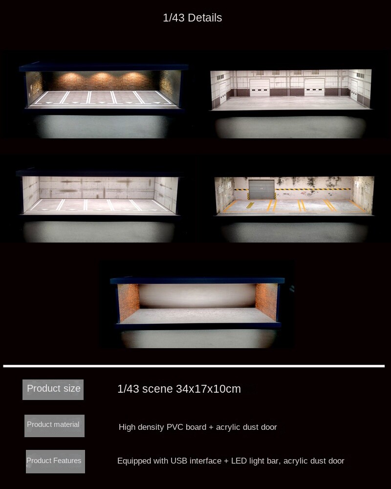 1/43 Diorama Garage Model LED Lighting City Car Parking Lot Scene Display Model
