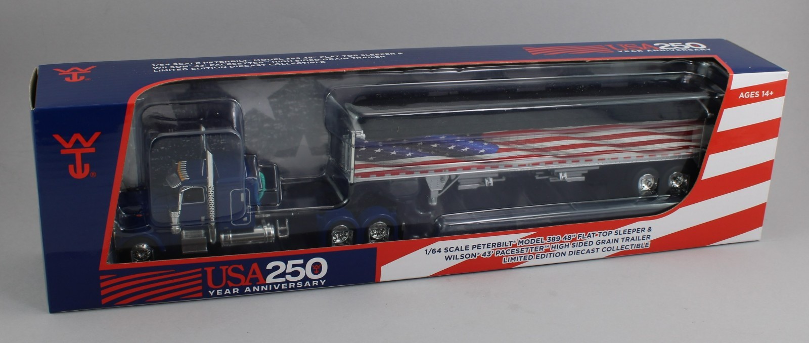 DCP 1:64 *BLUE AMERICA 250* Peterbilt 389 48″ Flattop w/Wilson Grain Trailer NIB