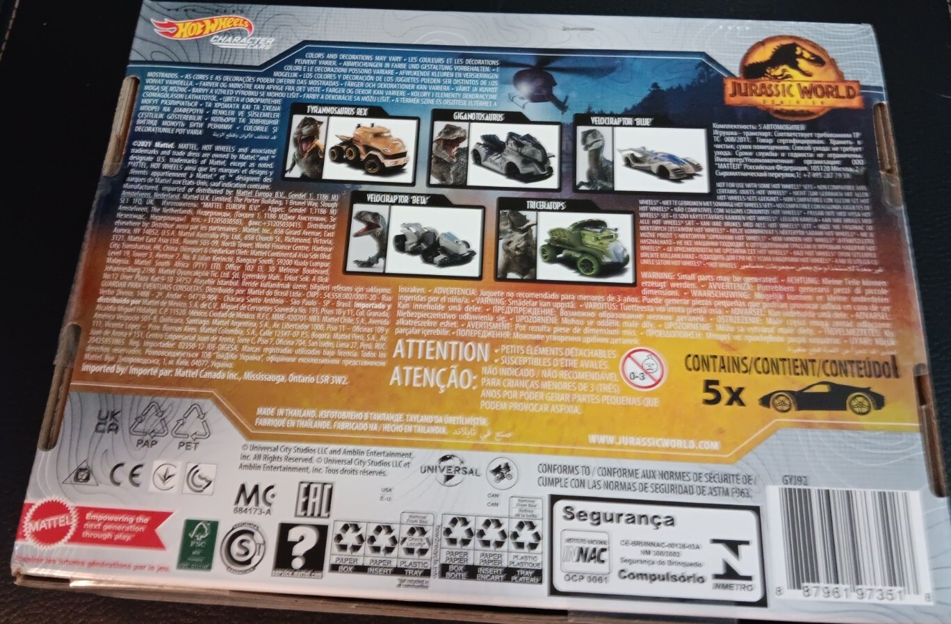 2022 NEW Hot Wheels- Jurassic World Dominion-Character Car 5 Pack Box Set