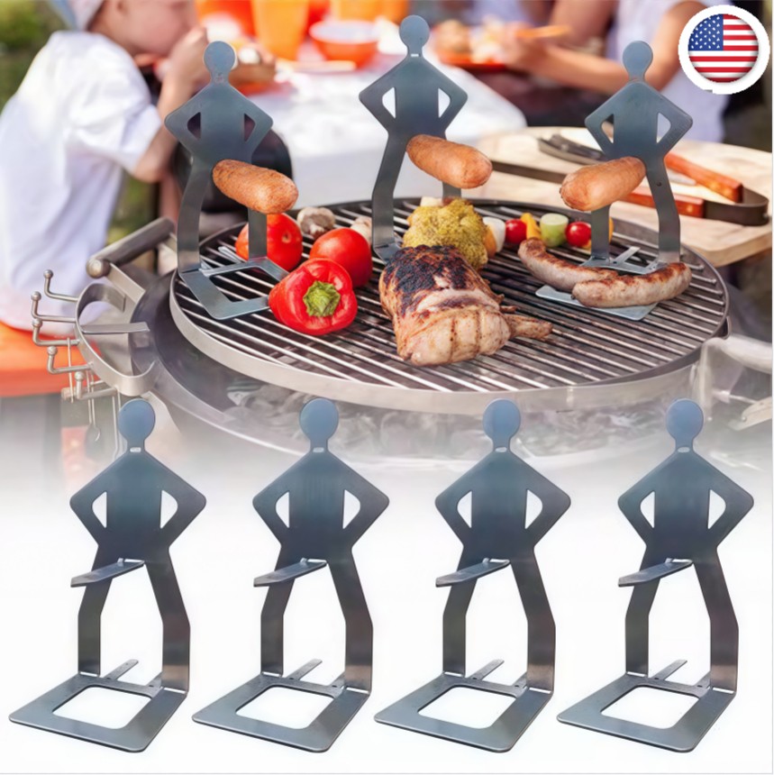 2-4Pcs Foldable BBQ Grill Rack Standing Man Shape Funny Hot Dog Roaster Holder