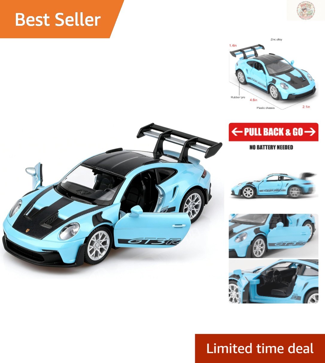 1:36 Scale Porsche 911 GT3 RS Diecast Toy Car – Pull Back, Doors Open, Blue